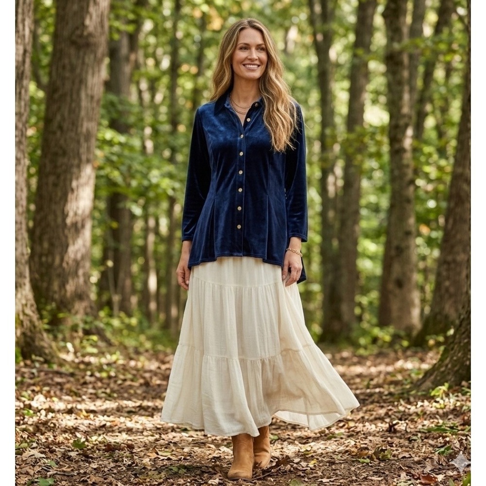 Soft Surroundings NWT Velvet Top Dark Blue Gold Button Up Shirt Sz PL